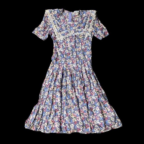 Vintage Floral Dress Lace Trim Shoulder Pads Pockets Lavender Blondie and Me 90s - Picture 2 of 10